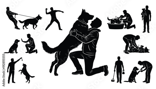 Man and Dog Activities Silhouettes Vector Collection