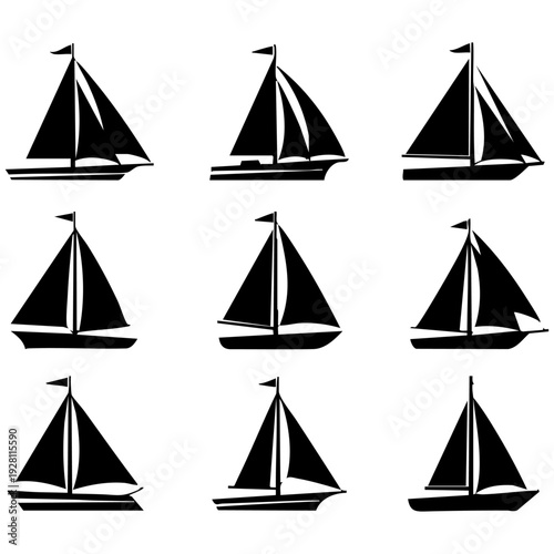 Set Of Nine Black Sailboat Silhouette Icons For Marine Logo Design Elements
