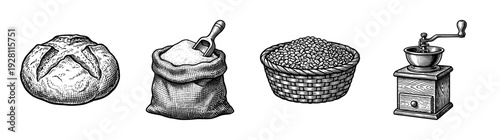 Vintage style woodcut illustrations featuring a rustic loaf of bread, a sack of flour with a scoop, a basket of grain, and an antique manual coffee mill.