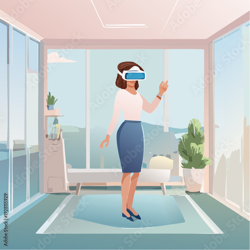 Professional Woman Engaging with Immersive Virtual Reality Technology in a Bright Office Environment