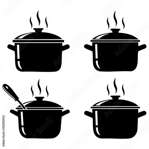 Black Cooking Pot Icon Set With Steam And Ladle For Kitchen Design