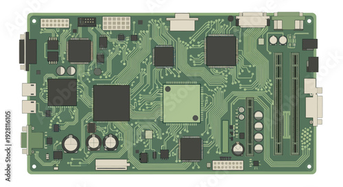 Electronic Circuit Board with Components and Chips.