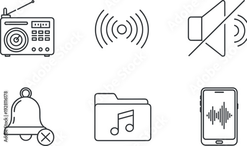 Audio Media and Notification Icons Set with Radio Signal Speaker Bell Music Folder and Smartphone