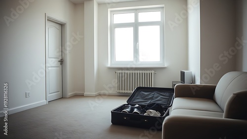 possessions. A nearly empty apartment room with an open suitcase and soft natural light. lifestyle magazines, social media lookbooks, designed for lifestyle magazines and social media content.