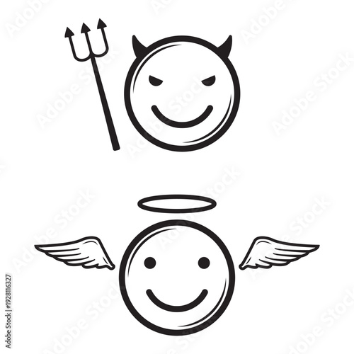 Good and Evil Emoji Set with Angel Halo and Devil Horns Vector Illustration
