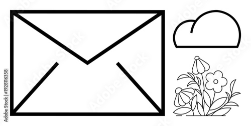 Communication, nature, messaging, cloud storage, ecology, minimalism. Black outline drawing of an envelope, a cloud and flowers. Communication and nature concepts mail and floral motifs