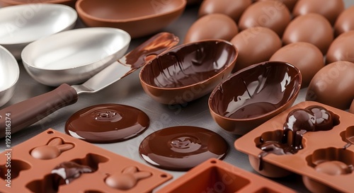 Chocolate Easter Egg Making Process Melted Chocolate Silicone Molds Metal Scoops Confectionery Workshop