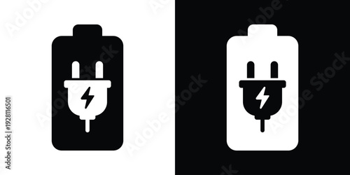 Battery icon containing a power plug symbol with a bolt. Professional vector graphic for connected power sources, wall charging, and electrical energy connectivity concepts.