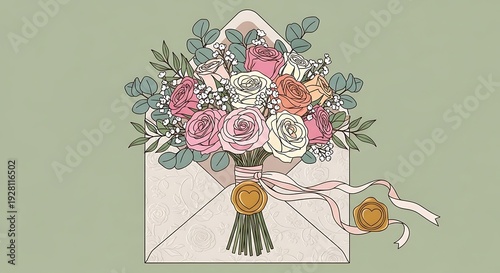 Bouquet of roses and greenery in envelope with wax seals.