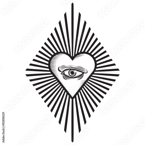 Vintage Engraving Style Heart with All-Seeing Eye and Sunburst Rays Illustration