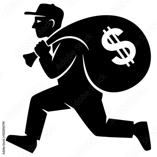 Black silhouette of burglar running with a large money bag vector graphic