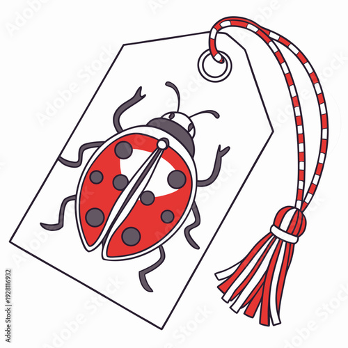 White gift tag featuring ladybug illustration and traditional red white braided cord tassel for marking spring festival presents and folk ornaments