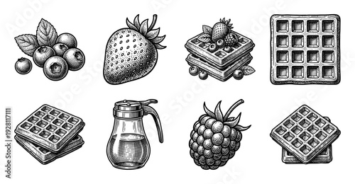 Vintage engraving style collection of breakfast waffles and fresh berries featuring strawberries, blueberries, raspberries, and maple syrup dispenser.