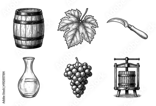 Vintage engraving style wine making icon set featuring wooden barrel grape bunch vine leaf sickle decanter and traditional fruit press