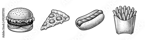 Set of fast food illustrations featuring a hamburger, pepperoni pizza slice, hot dog, and french fries in a vintage woodcut engraving style.
