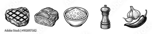 Set of hand drawn woodcut style illustrations featuring grilled steak, raw beef, sea salt bowl, pepper mill, garlic, and chili pepper.