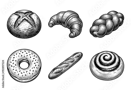 Set of assorted bakery products and sweet pastries hand drawn in vintage woodcut engraving style