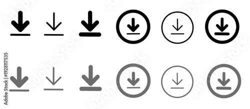Vector illustration of download icon set. Download icons in various line weights and styles, featuring arrow symbols with circles and flat horizontal bars