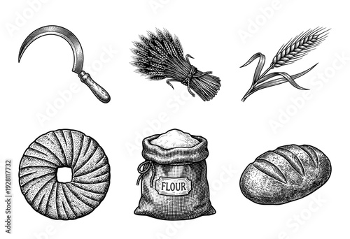 Vintage engraving style collection of wheat harvesting and bread production elements featuring sickle stalks flour sack and loaf