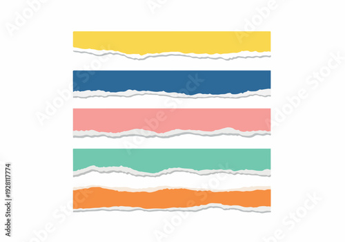 Set of colorful torn paper strips with ripped edges on white background, representing graphic elements for design and creativity