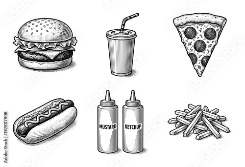Vintage engraving style fast food collection featuring hamburger pizza slice hot dog french fries soda cup and condiment bottles in black and white line art.