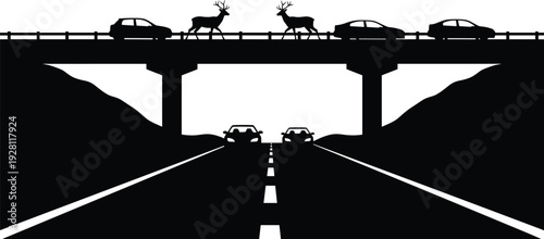 Black and white highway overpass silhouette with cars and deer, wildlife crossing vector illustration, road infrastructure, transportation safety concept artwork