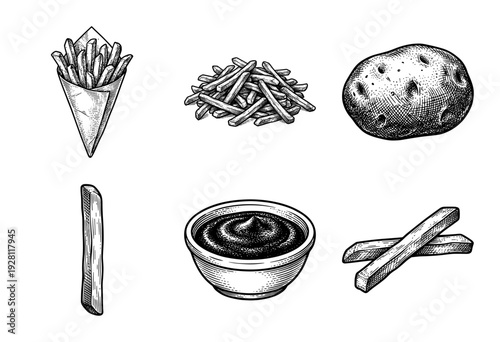 Vintage hand drawn engraving set of french fries with potato and dipping sauce bowl in woodcut style