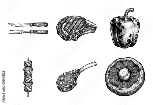 Vintage hand drawn engraving of barbecue elements including ribeye steak, lamb chop, skewer, bell pepper, mushroom, and carving set.