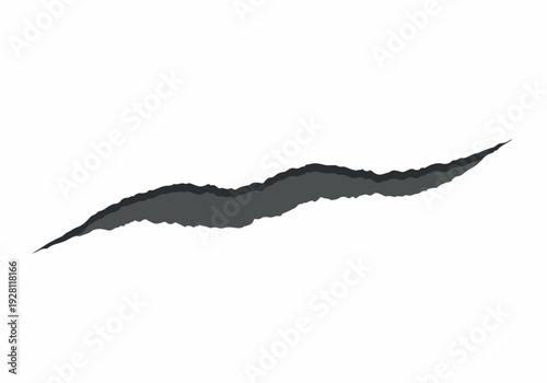 Torn paper effect with a dark, jagged rip across a white background, resembling a scratch or tear, visually representing destruction or damage