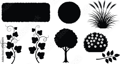Black silhouette collection of plants and foliage, hedge, bush, vines, tree, grass, flowering shrub, botanical vector illustration artwork