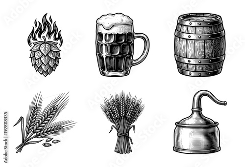 Set of vintage brewery and distillery icons featuring beer mug, hops, wooden barrel, wheat stalks, and copper pot still in a woodcut engraving style.