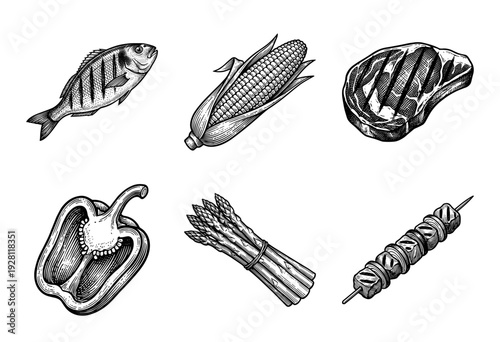 Set of hand drawn monochrome barbecue food illustrations including grilled fish, corn, steak, bell pepper, asparagus, and meat skewer in vintage engraving style.