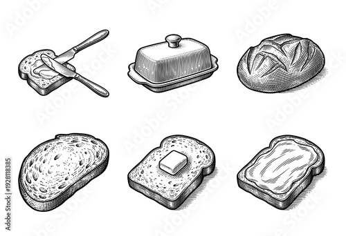 Vintage woodcut style collection of bread and butter illustrations featuring sourdough loaves sliced toast butter dishes and spreading knives