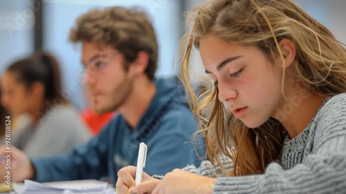 A student concentrates intently as she writes with a pen, surrounded by classmates in a bright classroom. The atmosphere reflects dedication and learning amidst natural light