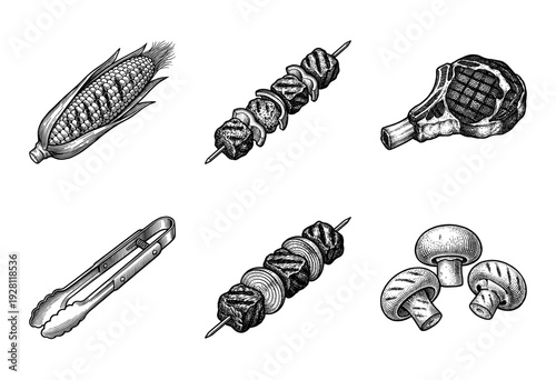 Vintage engraving of barbecue food elements including grilled corn, meat skewers, ribeye steak, tongs, and mushrooms.