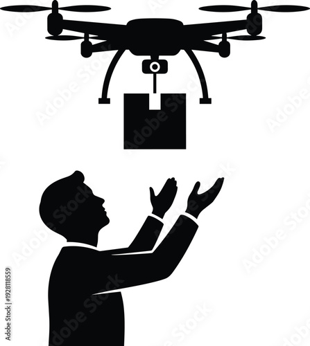 Drone Delivery Service Silhouette Illustration Showing Quadcopter Transporting Package to Customer Representing Modern Logistics, Automated Shipping and Smart Technology Concept