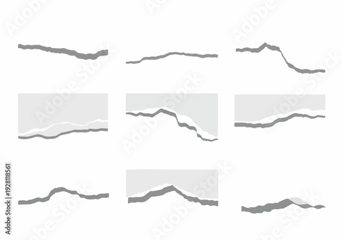 Collection of torn paper edges on a white background, showcasing ripped paper textures and graphic design elements for creative projects and advertising