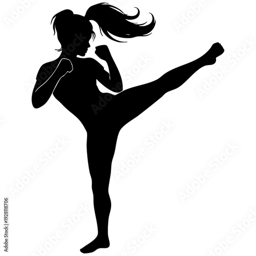 Female Martial Arts Fighter Silhouette Performing High Kick Exercise Training Graphic Illustration
