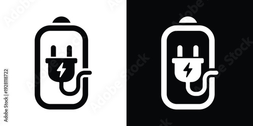 Battery icon featuring a power plug with a curved cord. High-quality vector illustration for charging cables, power connectivity, and electrical device refueling status.