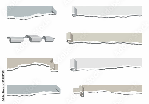 Set of torn paper strips with a white background, showcasing different ripped edges and rolled corners, perfect for graphic design and scrapbooking elements