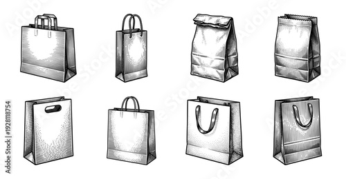 Set of eight paper shopping bags and grocery sacks in a vintage woodcut engraving style