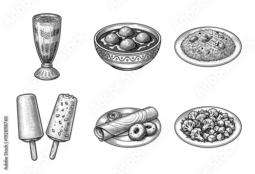Vintage engraving style collection of traditional Indian cuisine dishes including dosa biryani gulab jamun and kulfi on white background