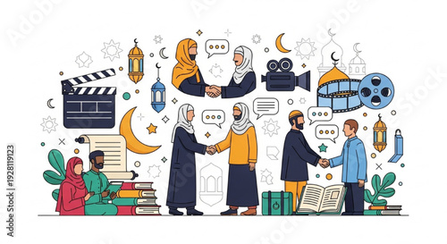 World Day of Muslim Culture, Peace, Dialogue, and Film Vector Illustration with Diverse People, Cultural Symbols, and Film Elements