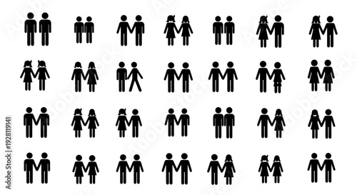 Large set of black stick figure icons showing diverse pairs of business executives and office managers, concept for workplace diversity, corporate networking and team inclusion