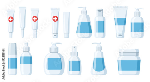Medical and cosmetic plastic packaging containers set with tubes and bottles on white background, concept for pharmaceutical branding, skincare presentation and hygiene marketing