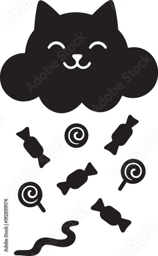 Cloud shaped like smiling cat raining candy drops, sugary weather delight.