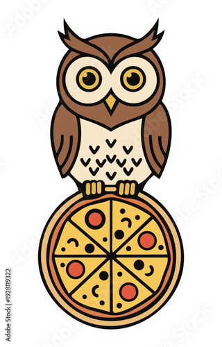 Cartoon owl sitting on a sliced pizza pie alone