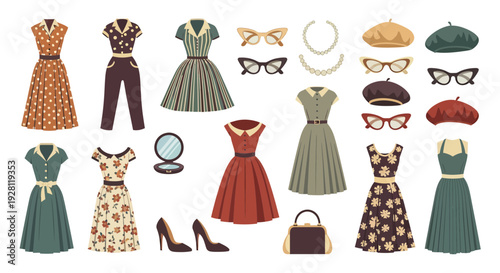 Set of vintage 1950s style women clothing and accessories with retro dresses and cat-eye glasses on white background, concept for fashion illustration, boutique branding and apparel design