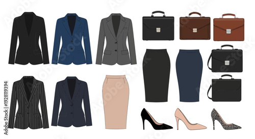 Professional women corporate attire set with blazers skirts briefcases and high heels on white background, concept for female executive wardrobe, office fashion catalog and business dressing