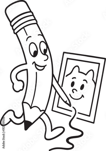 Pencil drawing its own portrait self-aware loop, meta art silliness outline.
